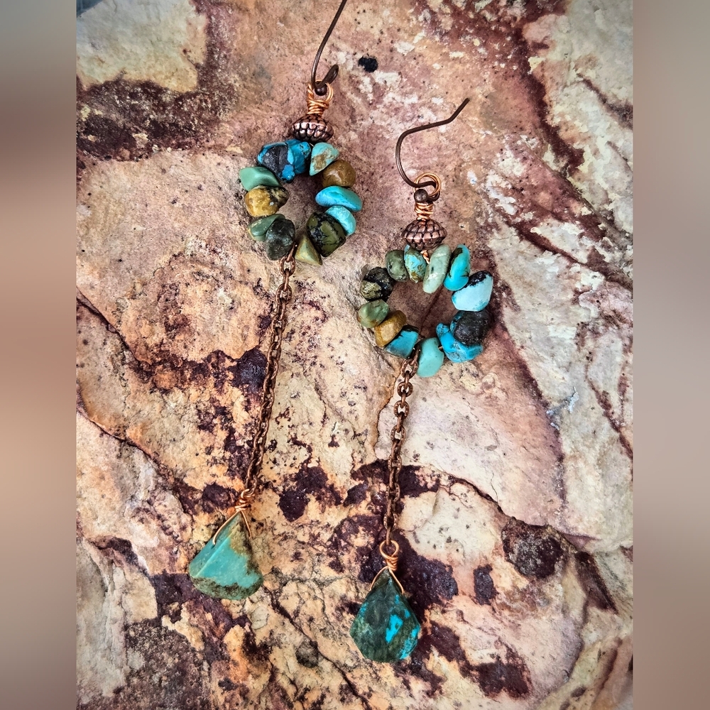 Southwest & Copper Heritage Natural Turquoise In Long Artisan Earrings In Copper